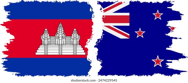 New Zealand and Cambodia grunge flags connection, vector
