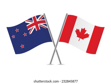 New Zealand and Canada crossed flags. New Zealand (NZ) and Canadian flags, isolated on white background. Vector icon set. Vector illustration.