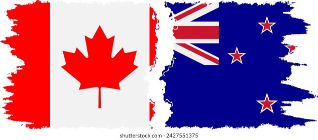 New Zealand and Canada grunge flags connection, vector