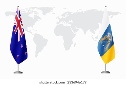 New Zealand and Canary Islands flags for official meeting against background of world map.