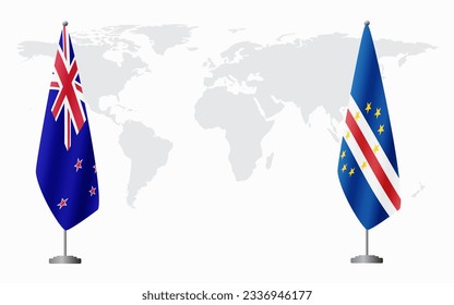 New Zealand and Cape Verde flags for official meeting against background of world map.