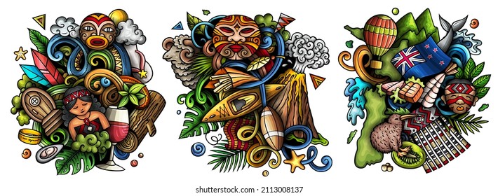 New Zealand cartoon vector doodle designs set. Colorful detailed compositions with lot of traditional symbols. Isolated on white illustrations