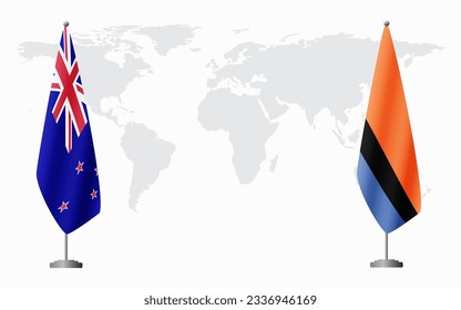 New Zealand and Chagos Islands flags for official meeting against background of world map.