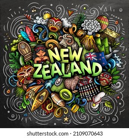 New Zealand chalkboard cartoon doodle illustration. Funny design. Creative vector background. Handwritten text with Oceania Country elements and objects. Colorful composition svg