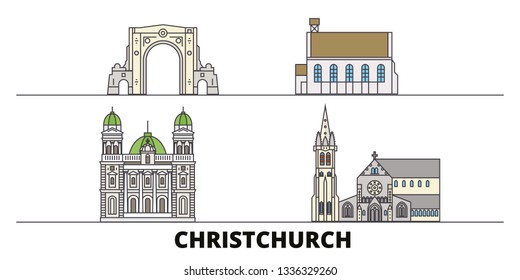 New Zealand, Christchurch line city with famous travel sights, skyline, design. 