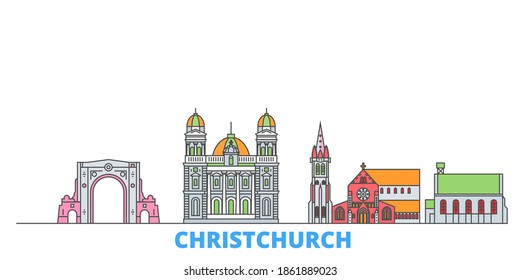 New Zealand, Christchurch line cityscape, flat vector. Travel city landmark, oultine illustration, line world icons