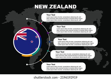 New Zealand circle infographic with information text spaces, black background with world map, New Zealand circle country flag, presentation graphic idea, info and data template for countries