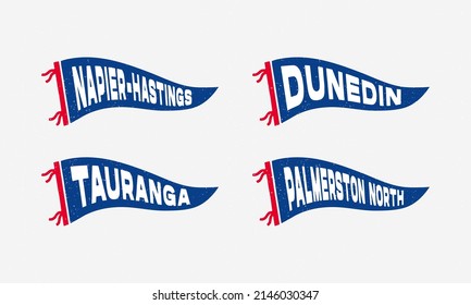 New zealand cities pennants of the Napier-Hastings, Tauranga, Dunedin, Palmerston North. Retro colors labels. Vintage hand drawn wanderlust style. Isolated on white background. 