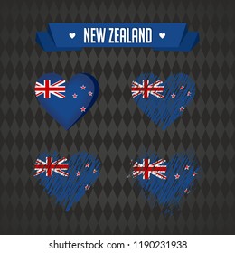 New Zealand. Collection of four vector hearts with flag. Heart silhouette