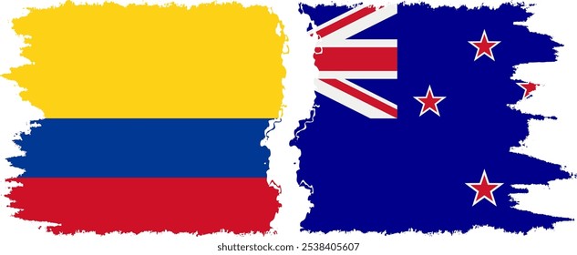 New Zealand and Colombia grunge flags connection, vector