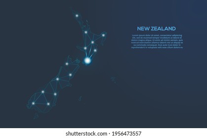 New Zealand communication network map. Vector low poly image of a global map with lights in the form of cities. Map in the form of a constellation, mute and stars