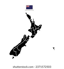 New Zealand contour vector map with state, black-white, flag in color. Background map eps 10	