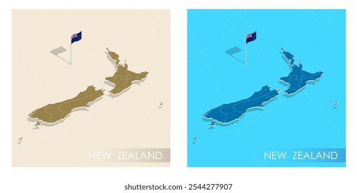 New Zealand country flag installed on geographic positioning map point of country territory. New Zealand commonwealth banner on land and sea. Festive patriotic HD format template for independence day