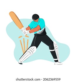 New Zealand Cricket Batter Losing His Wicket On Blue And White Background.