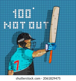 New Zealand Cricket Batter Player And 100 Not Out Text On Blue Grid Background.
