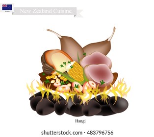 New Zealand Cuisine, Illustration of Hangi or Traditional Maori Food Using Heated Rocks Buried in A Pit Oven. The Native Dish of New Zealand.