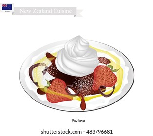 New Zealand Cuisine, Pavlova Meringue Cake Top with Fresh Strawberries. One of Most Popular Dessert in New Zealand.