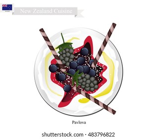New Zealand Cuisine, Pavlova Meringue Cake Top with Blackberries and Blueberries. One of Most Popular Dessert in New Zealand.