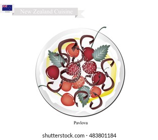 New Zealand Cuisine, Pavlova Meringue Cake Top with Fresh Cherries. One of Most Popular Dessert in New Zealand.
