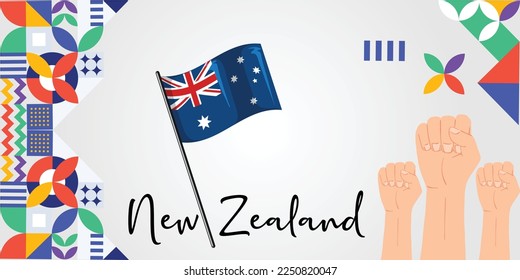 New Zealand day banner design for February. Abstract geometric banner for the national day of NewZealand in shapes of red and blue colors. New Zealander or Kiwi flag theme with Wellington background.