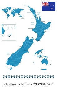 New Zealand - detailed blue country map with cities, regions, location on world map and globe. Infographic icons. Vector illustration