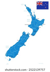 New Zealand - detailed blue country map with cities and regions. Vector illustration.