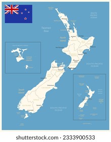 New Zealand - detailed map with administrative divisions and country flag. Vector illustration