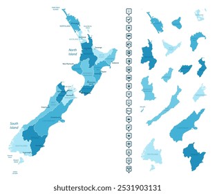 New Zealand - detailed map of the country in blue colors, divided into regions. Infographic icons. Vector illustration.