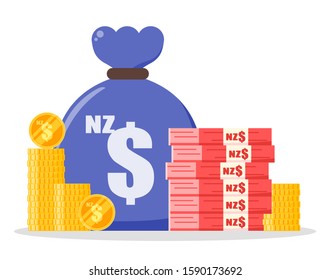 New Zealand Dollar money bundle and coin stack sack bag vector icon logo and design. New Zealand currency business, payment and finance element. Can be used for web, mobile, infographic, and print.