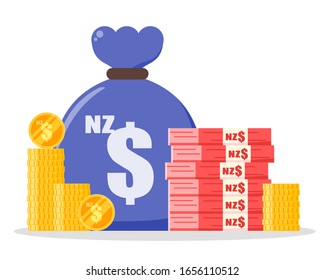 New Zealand Dollar money bundle and coin stack sack bag vector icon logo and design. New Zealand currency business, payment and finance element. Can be used for web, mobile, infographic, and print.