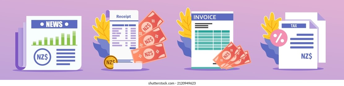 New Zealand Dollar Receipt and Documents Illustration