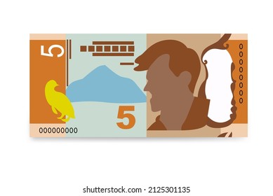 New Zealand Dollar Vector Illustration. New Zealand money set bundle banknotes. Paper money 5 NZD. Flat style. Isolated on white background. Simple minimal design.