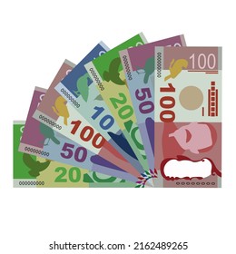 New Zealand Dollar Vector Illustration. New Zealand money set bundle banknotes. Paper money 10, 20, 50, 100 NZD. Flat style. Isolated on white background. Simple minimal design.