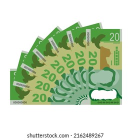 New Zealand Dollar Vector Illustration. New Zealand money set bundle banknotes. Paper money 20 NZD. Flat style. Isolated on white background. Simple minimal design.