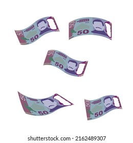 New Zealand Dollar Vector Illustration. New Zealand money set bundle banknotes. Falling, flying money 50 NZD. Flat style. Isolated on white background. Simple minimal design.