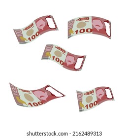 New Zealand Dollar Vector Illustration. New Zealand money set bundle banknotes. Falling, flying money 100 NZD. Flat style. Isolated on white background. Simple minimal design.