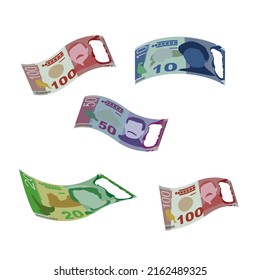 New Zealand Dollar Vector Illustration. New Zealand money set bundle banknotes. Falling, flying money 10, 20, 50, 100 NZD. Flat style. Isolated on white background. Simple minimal design.