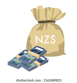 New Zealand Dollar Vector Illustration. New Zealand money set bundle banknotes. Money bag 10 NZD. Flat style. Isolated on white background. Simple minimal design.