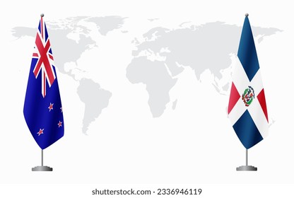 New Zealand and Dominican flags for official meeting against background of world map.