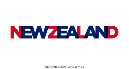 New Zealand emblem for print and web. Design features geometric style, vector illustration with bold typography in modern font. Graphic slogan lettering isolated on white background.