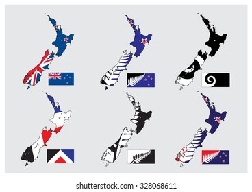 New Zealand five new proposal flags Map and Flags on solid background