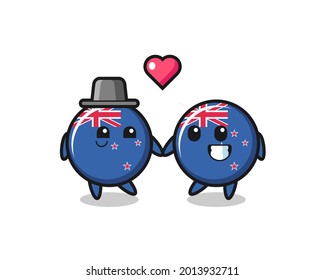 new zealand flag badge cartoon character couple with fall in love gesture , cute style design for t shirt, sticker, logo element