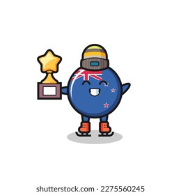 new zealand flag badge cartoon as an ice skating player hold winner trophy , cute style design for t shirt, sticker, logo element