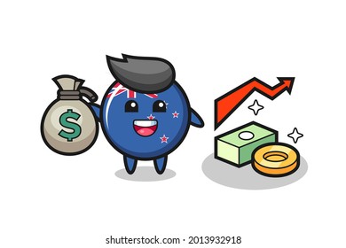 new zealand flag badge illustration cartoon holding money sack , cute style design for t shirt, sticker, logo element