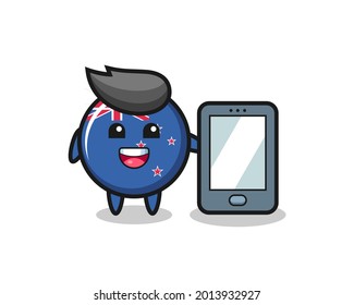 new zealand flag badge illustration cartoon holding a smartphone , cute style design for t shirt, sticker, logo element
