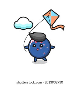 new zealand flag badge mascot illustration is playing kite , cute style design for t shirt, sticker, logo element