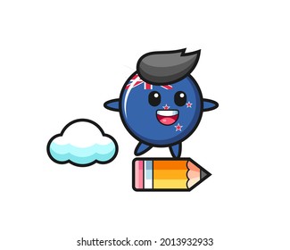 new zealand flag badge mascot illustration riding on a giant pencil , cute style design for t shirt, sticker, logo element