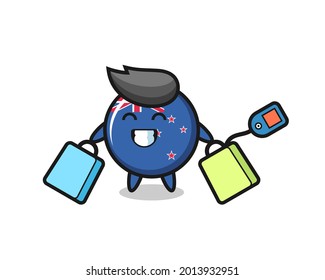 new zealand flag badge mascot cartoon holding a shopping bag , cute style design for t shirt, sticker, logo element