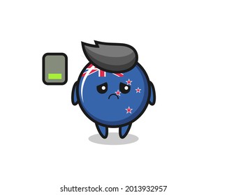 new zealand flag badge mascot character doing a tired gesture , cute style design for t shirt, sticker, logo element