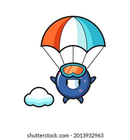 new zealand flag badge mascot cartoon is skydiving with happy gesture , cute style design for t shirt, sticker, logo element